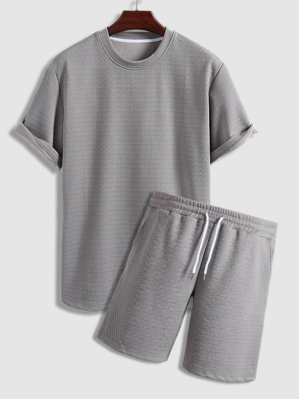 Men's textured casual round neck T-shirt shorts set