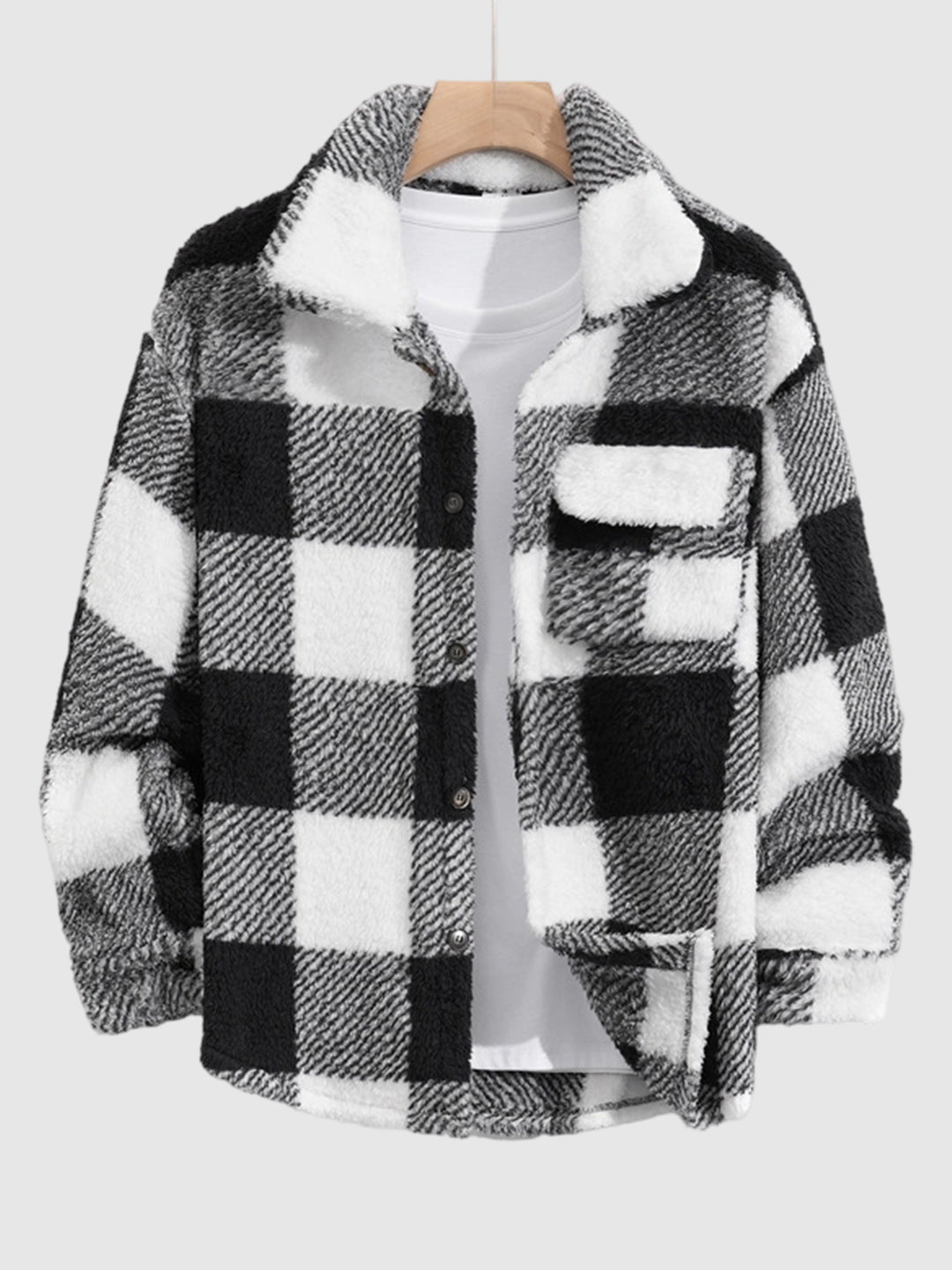 Men's Classic Plaid Fluffy Faux Fur Single Pocket Button Lapel Jacket