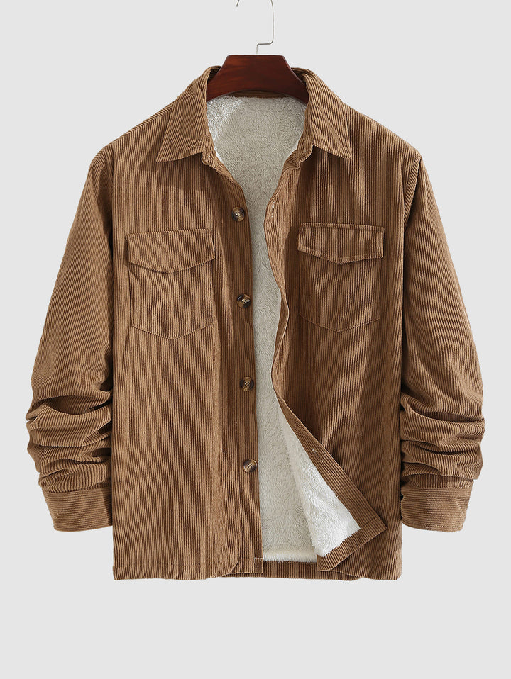 Men's Corduroy Fleece-lined Solid Color Shirt Jacket