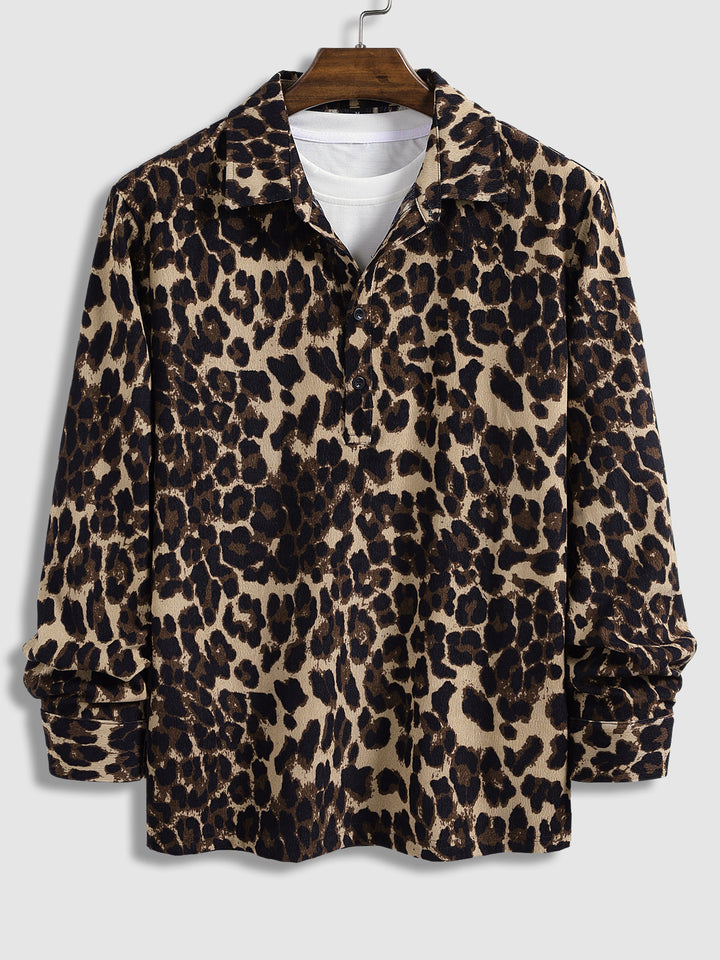 Men's Leopard  Corduroy Lapel Casual Long Sleeve Shirt