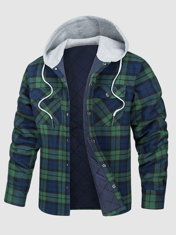 Men's hooded  plaid thickened warm button shirt jacket