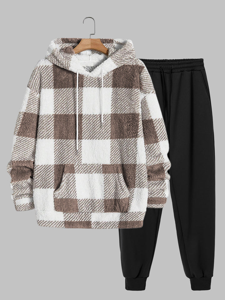 Men's fleece plaid hoodie casual pants set