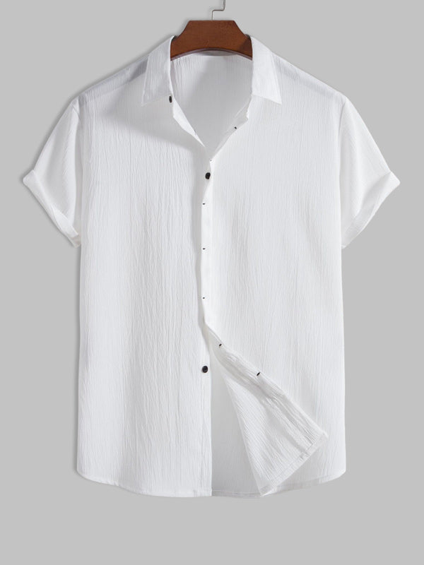 Men's Cotton Linen Lapel Short Sleeve Shirt  white