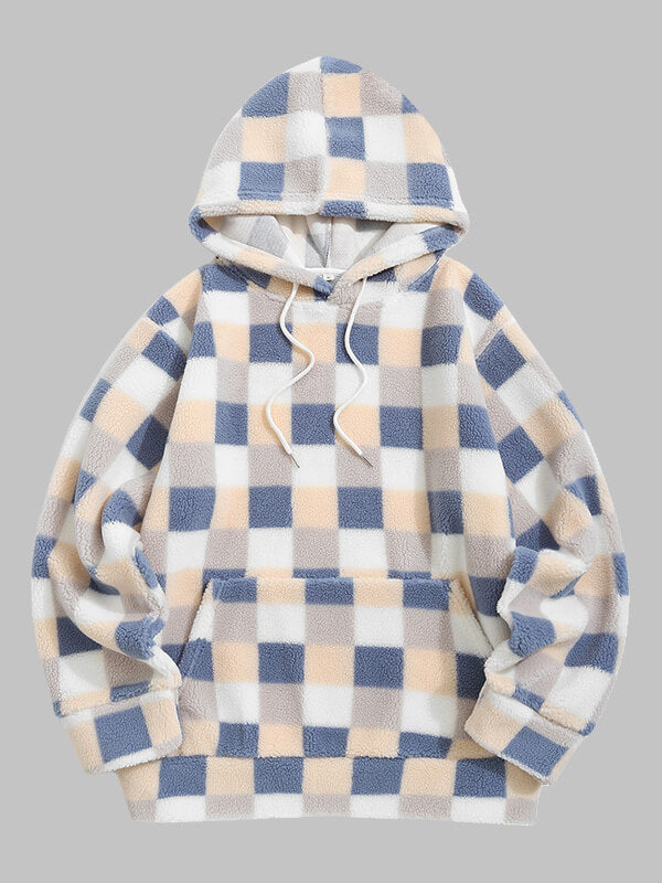 Men's Classic Plaid Fluffy Fleece Pocket Hooded Sweatshirt