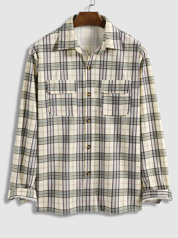 Men's corduroy textured plaid long-sleeve button-down shirt