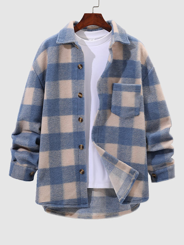 Men's Simple Plaid Wool Blend Button Shirt Jacket