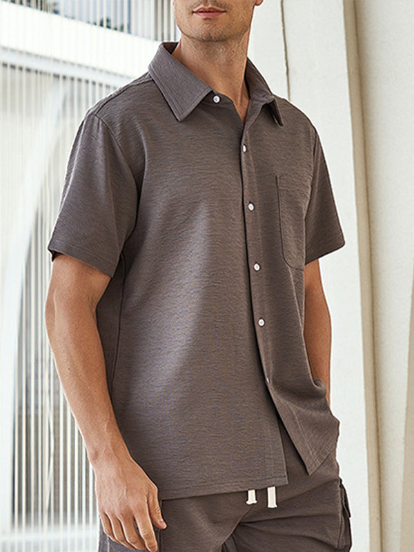 Men's Solid Color Textured Button-Down Short Sleeve Shirt