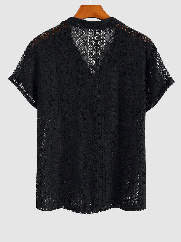 Men's Sexy Lace Hollow Casual Short Sleeve Shirt