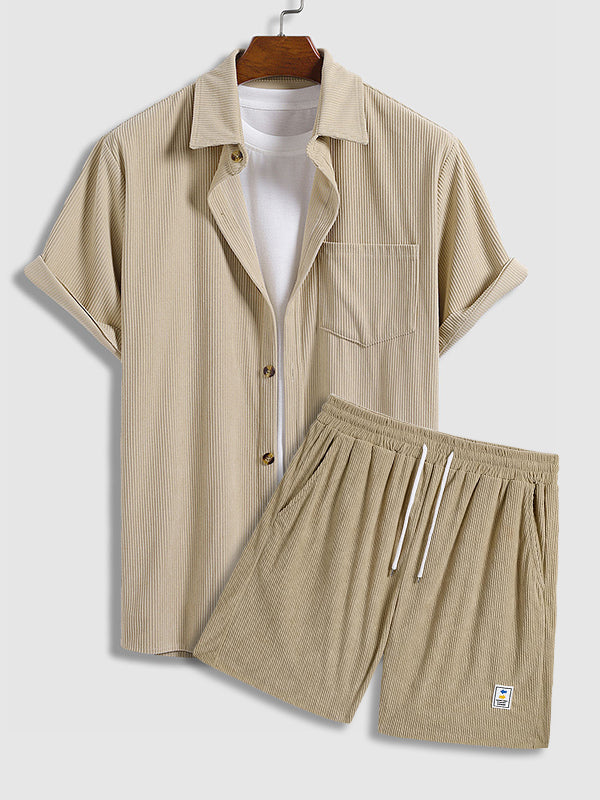 Men's Retro Corduroy Casual Short Sleeve Shirt Shorts Set