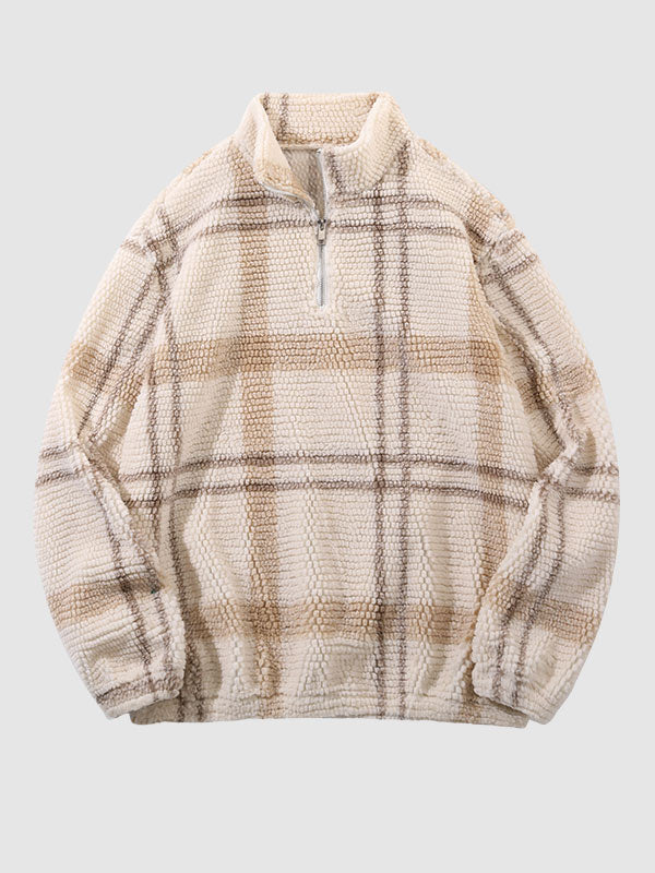 Men's Plaid Fleece Half-Zip Stand Collar Sweatshirt