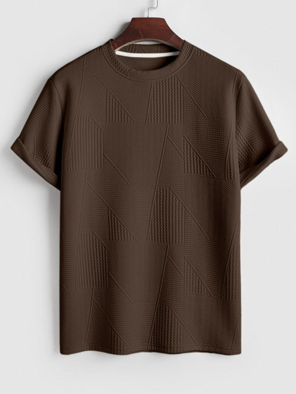 Geometric jacquard round neck short sleeved T-shirt-COFFEE