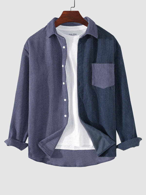 Men's Corduroy Colorblock Single Pocket Button-down Shirt