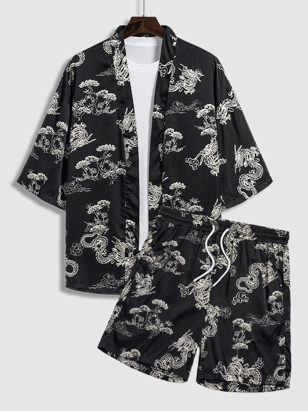 Men's Dragon Totem Satin Chinese Style Kimono Casual Shorts Set