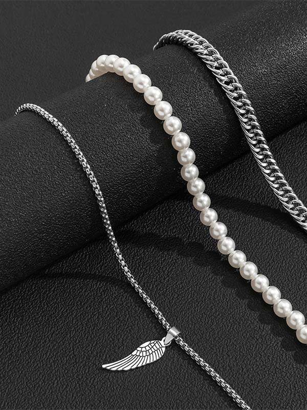 Men's Multi-Layered Pearl Feather Pendant Necklace