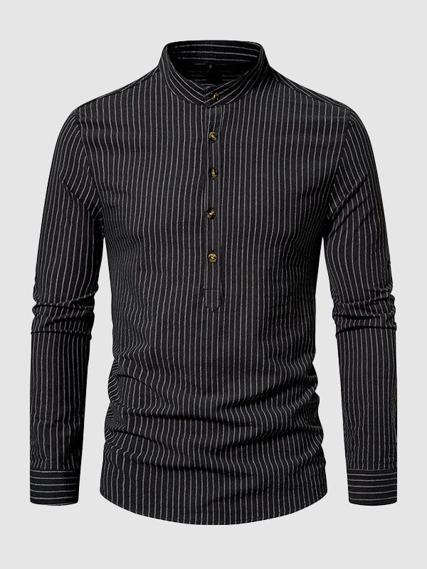 Men's cotton-linen stand collar half button striped casual long sleeve shirt