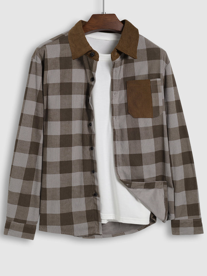 Men's vintage corduroy plaid casual long-sleeved shirt