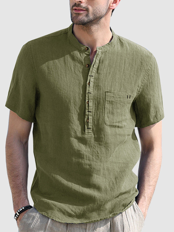 Men's cotton-linen Henley collar solid color short-sleeved shirt