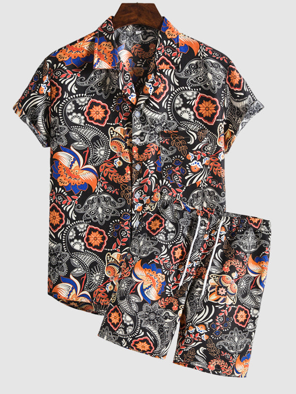 Men's Paisley Print Short Sleeve Shirt Shorts Set