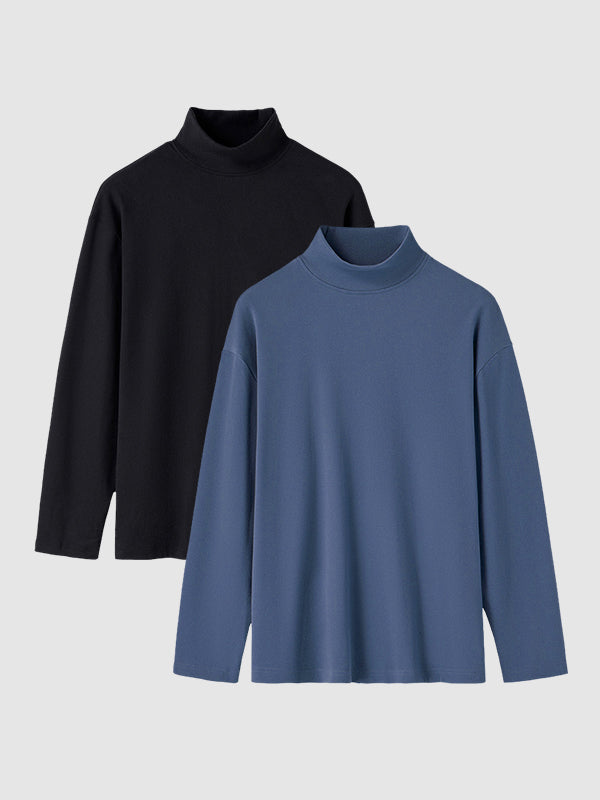 Men's solid color velvet half turtleneck Foundation T-shirt two-piece set