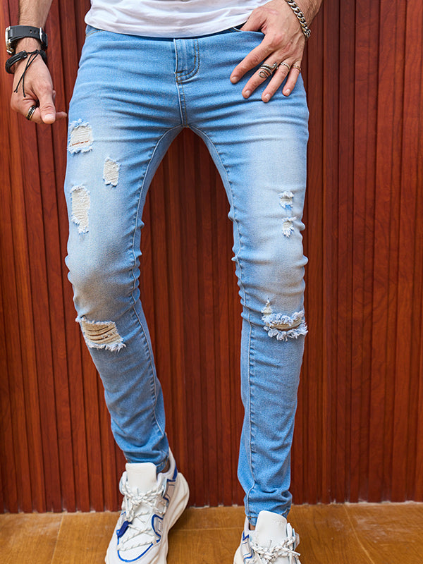 Light  Ripped Straight Long Jeans