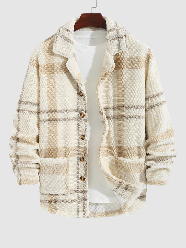 Men's Plaid Fluffy Faux Fur Lapel Double Pocket Casual Jacket