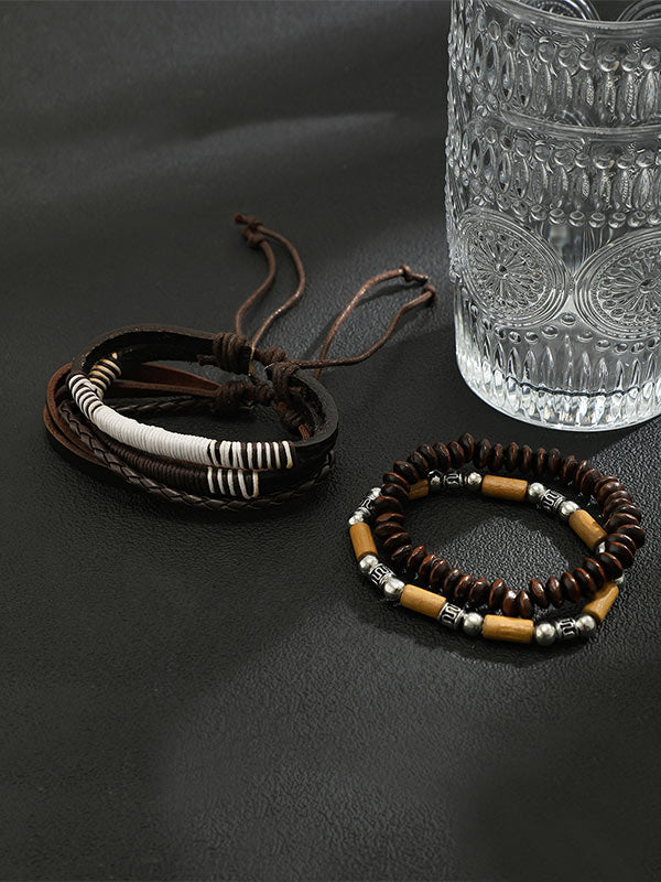 Vintage multi-layered wooden bead braided bracelet 4Pcs /set