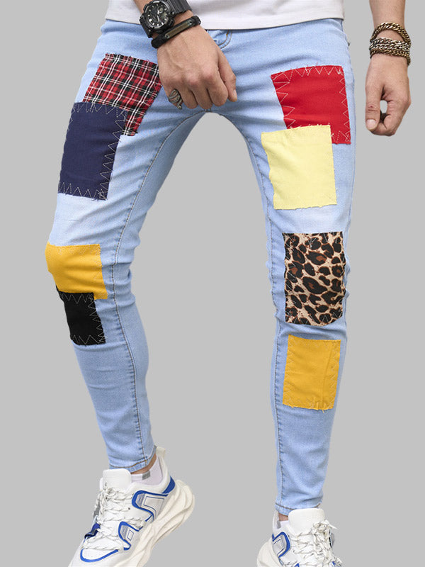 Men's patchwork contrast color versatile zipper jeans