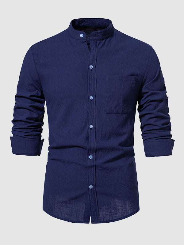 Men's cotton-linen stand collar casual long-sleeved shirt