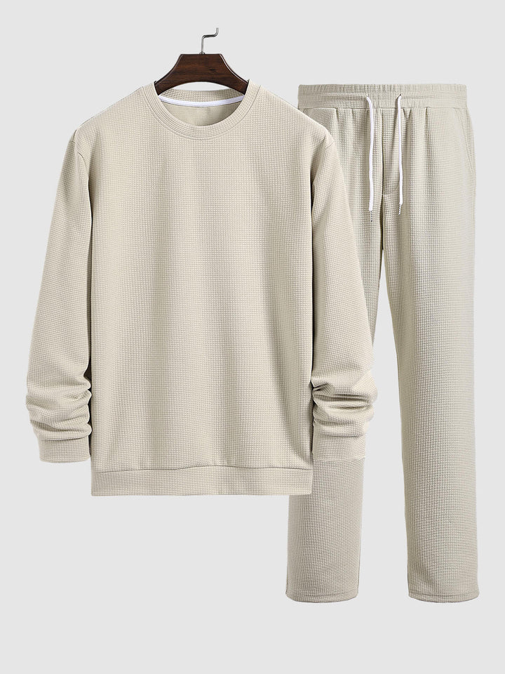 Men's solid color textured Puff Grid casual round neck sweatshirt and casual pants set