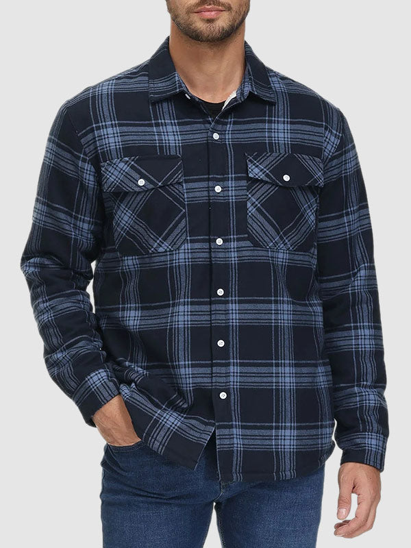 Men's Plaid Fleece-lined  Warm Double Pocket Button Jacket