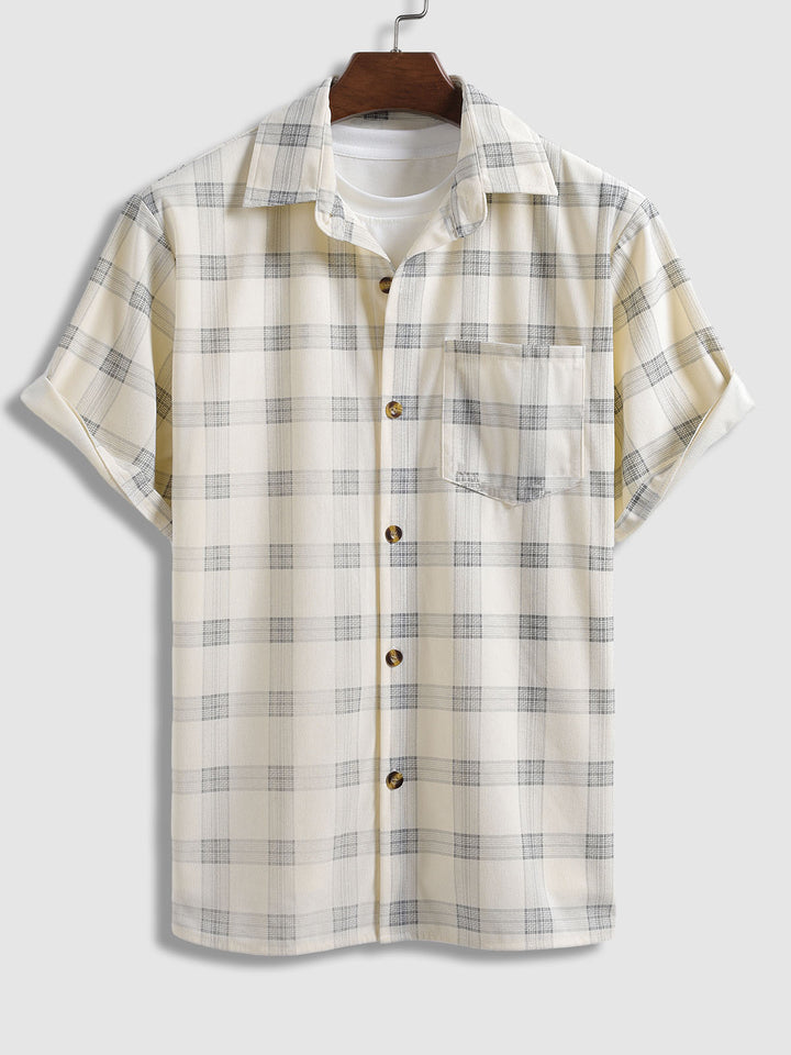 Men's Corduroy Plaid Button-Down Short Sleeve Shirt