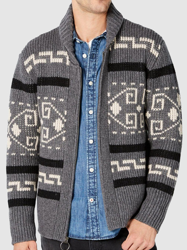 Men's lapel jacquard knitted casual sweater cardigan jacket