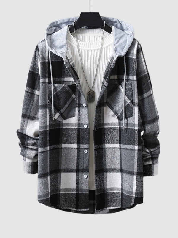 Men's Plaid Brushed Cardigan Drawstring Hooded Jacket