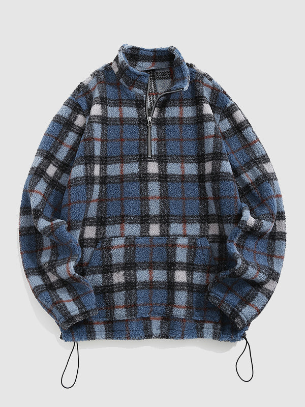 Men's vintage Polar Fleece plaid stand collar zipper sweatshirt jacket