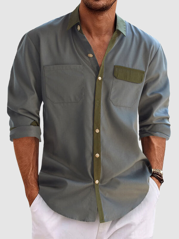 Men's Color Block Patchwork Casual Button-Down Long Sleeve Shirt