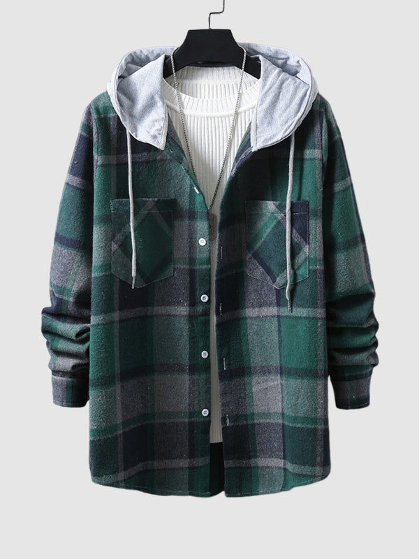 Men's Plaid Brushed Cardigan Drawstring Hooded Jacket