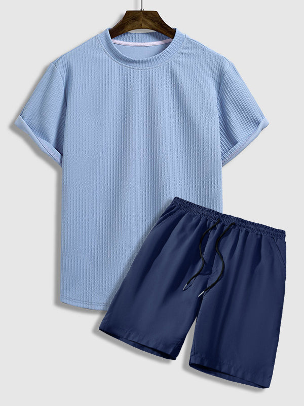 Men's striped texture short-sleeved T-shirt casual shorts set