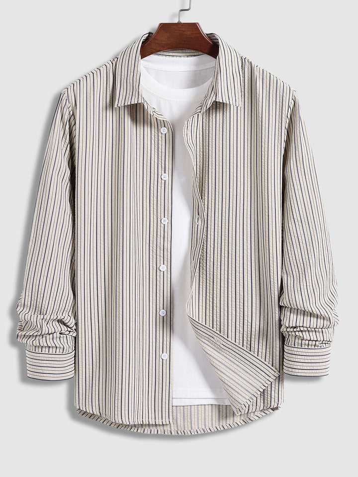 Men's pleated textured striped button casual long-sleeved shirt