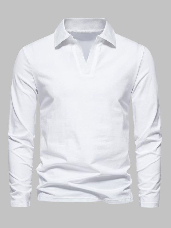 Men's Retro Solid Color V-Neck Lapel POLO Long Sleeve T-Shirt