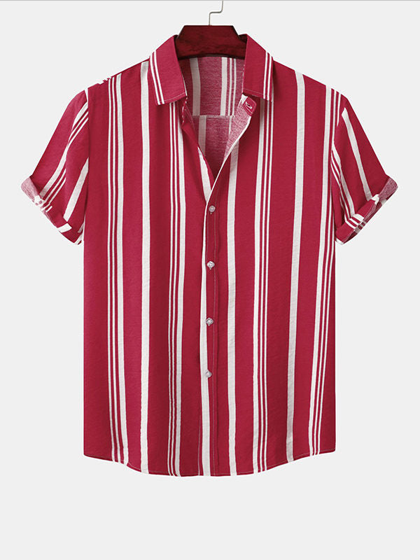 Men's Cotton Linen Stripe Short Sleeve Shirt red