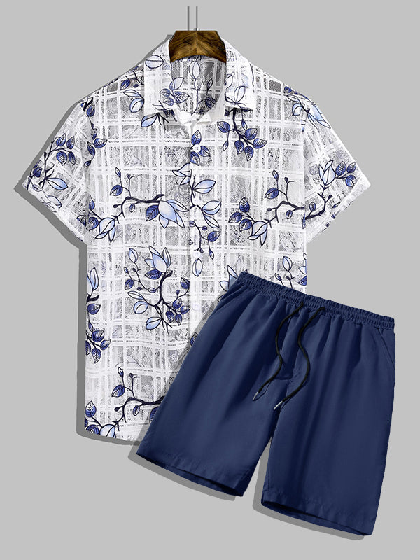 Men's printed floral plaid hollow shirt casual shorts set