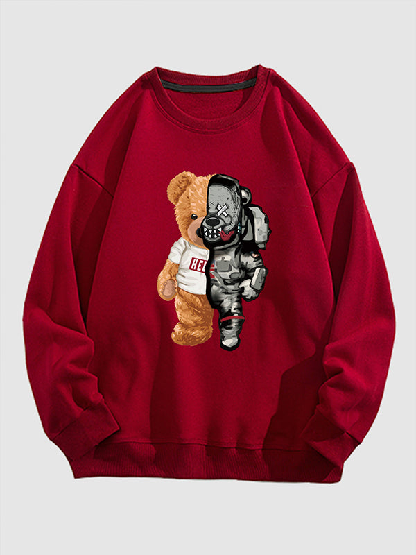 Men's bear patchwork printed casual pullover sweatshirt red