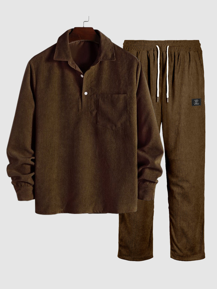 Men's Textured Half Button Corduroy Long Sleeve Shirt and Casual Pants Set