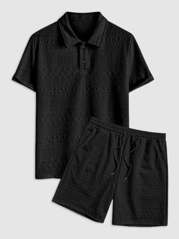 Geometric Retro Jacquard Polo + Casual Shorts 2-piece set-BLACK
