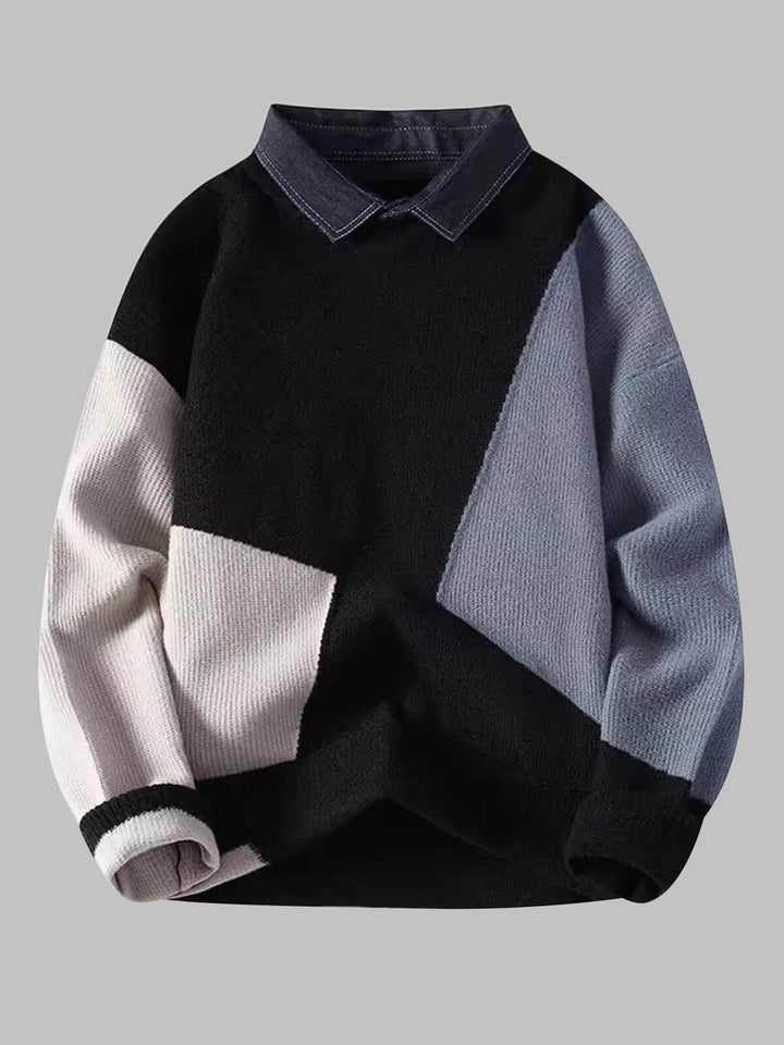 Men's Color-Block Denim Collar Knit Sweater