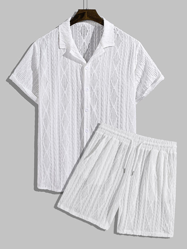 Men's Retro Hollow Button Short Sleeve Shirt Shorts Set