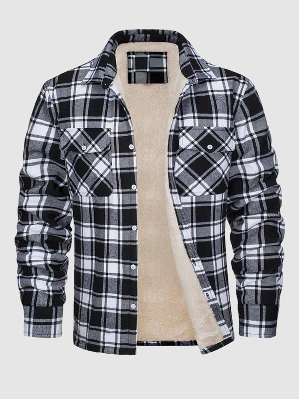 Men's Plaid Fleece-lined  Warm Double Pocket Button Jacket