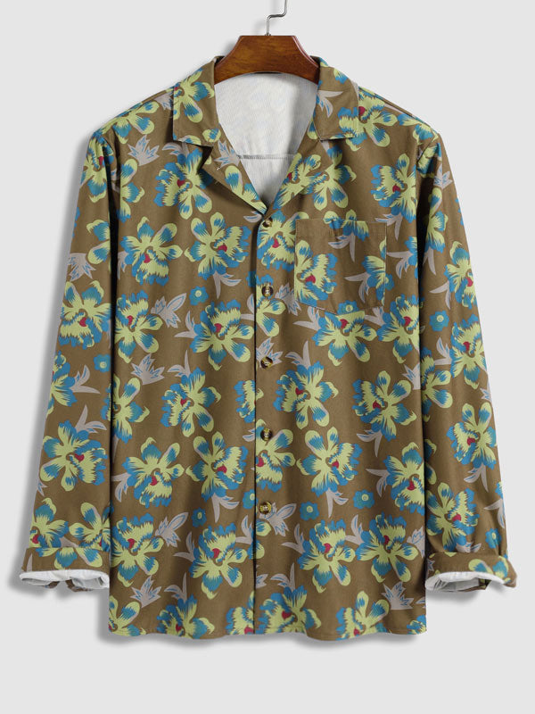 Men's Corduroy Print Floral Button Long Sleeve Shirt