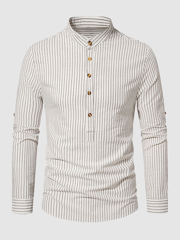 Men's cotton-linen stand collar half button striped casual long sleeve shirt