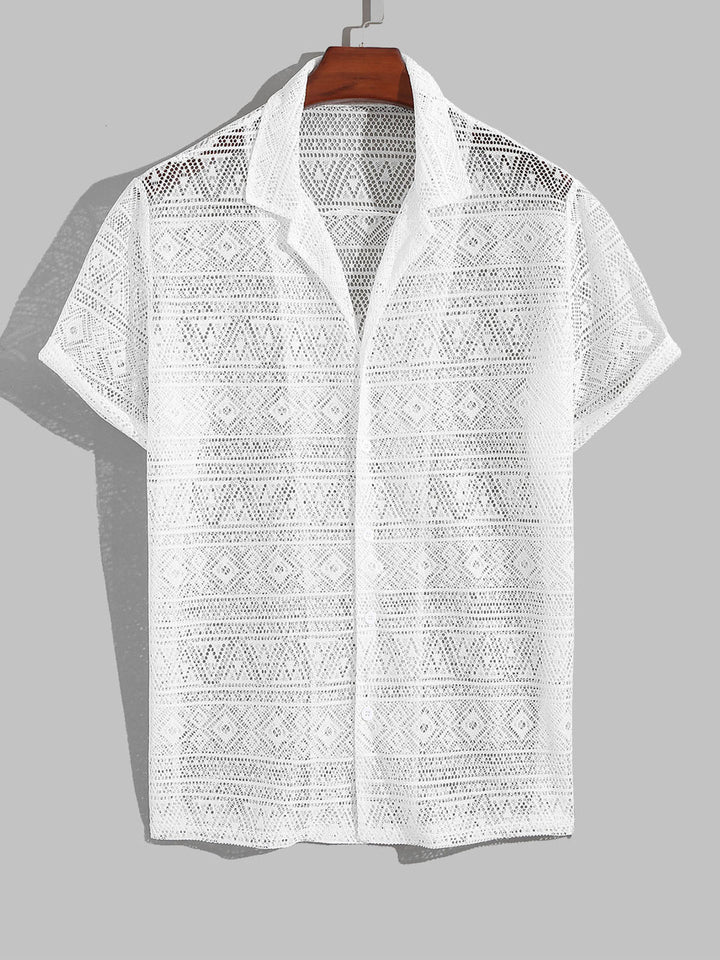 Men's Solid Color Vintage Hollow Cuban Collar crochet  Short Sleeve Shirt